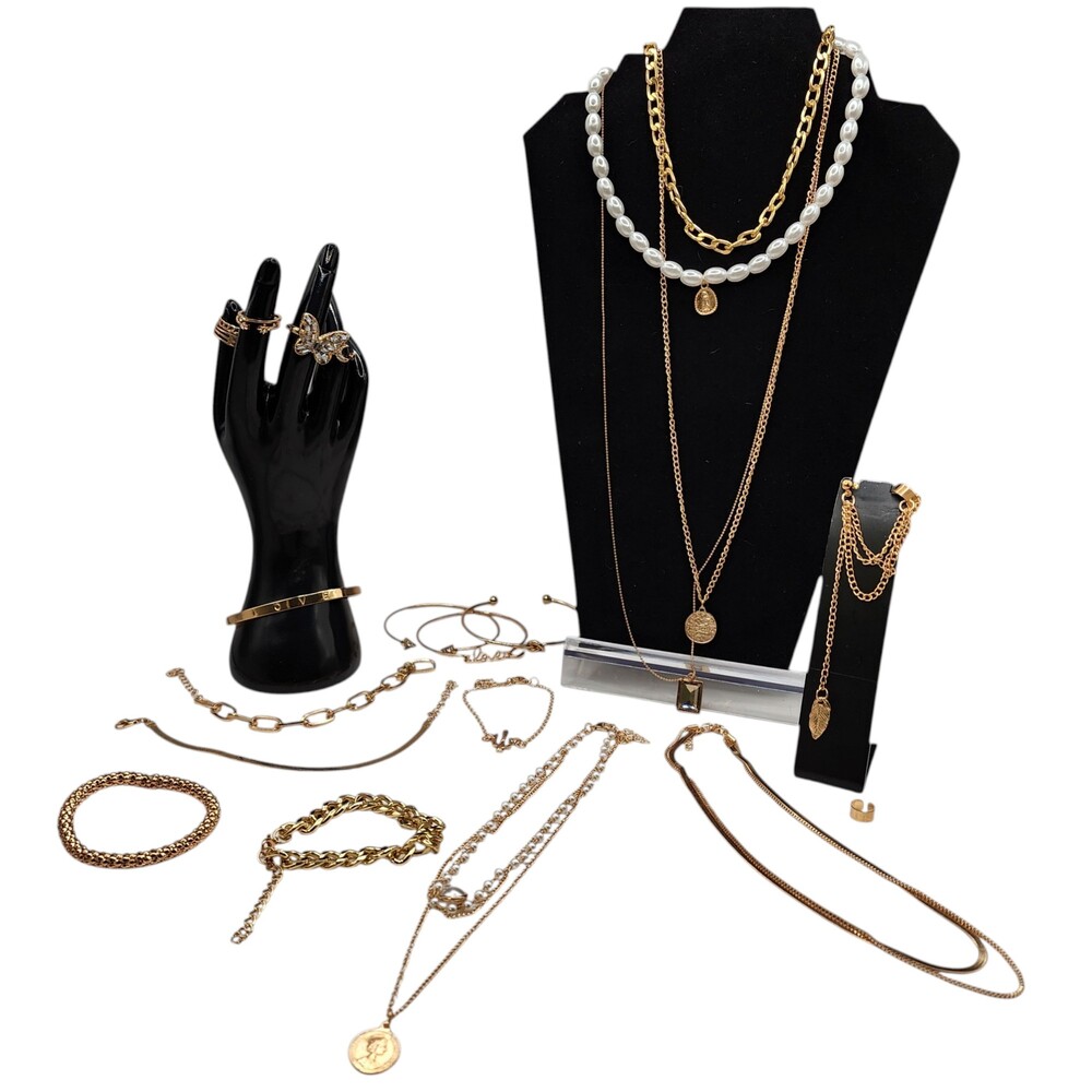 Gold Tone Costume Jewelry Lot Mixed Pack Necklaces Rings Bracelets NWOT